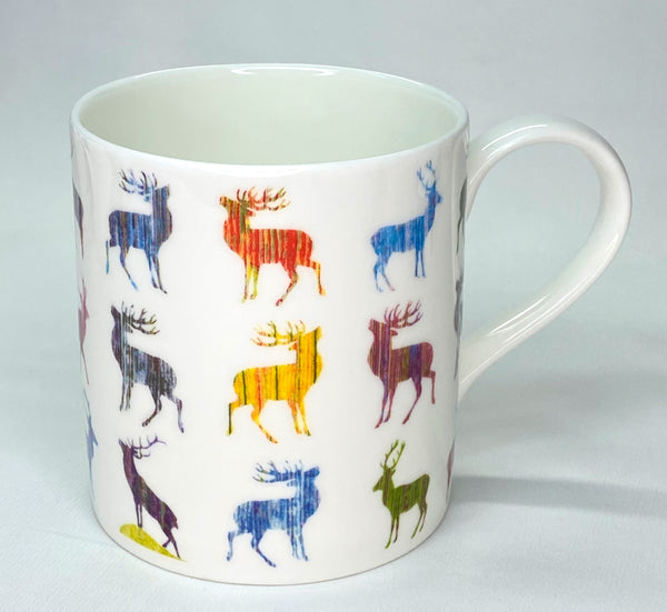 White bone china mug with multicoloured stag motif