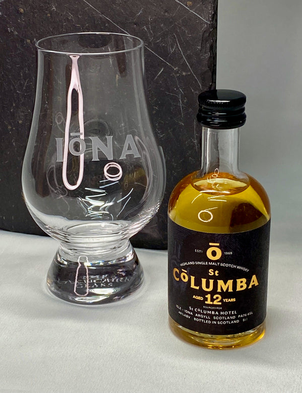 Glencairn whisky nosing glass engraved with the word Iona and miniature bottle of St Columba single malt whisky