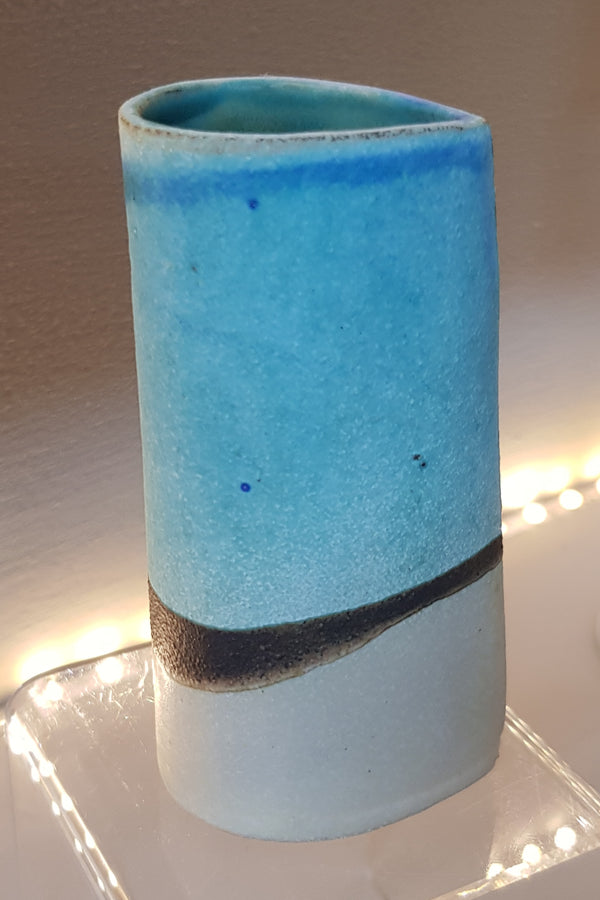 Small fine stoneware vase abstract landscape design with turquoise and brown glazes