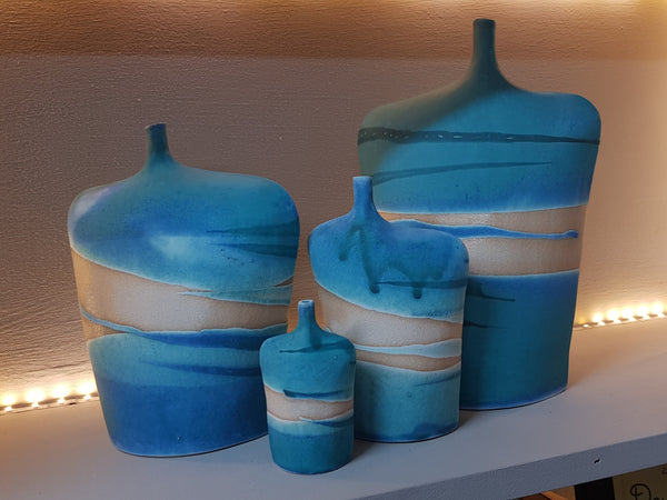 Fine stoneware figurative bottles 4 sizes abstract seascape design turquoise glaze