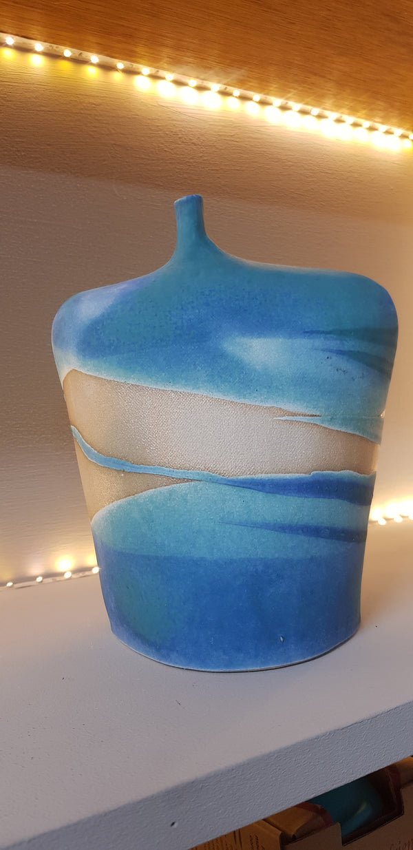 Fine stoneware figurative bottle abstract seascape design turquoise glaze