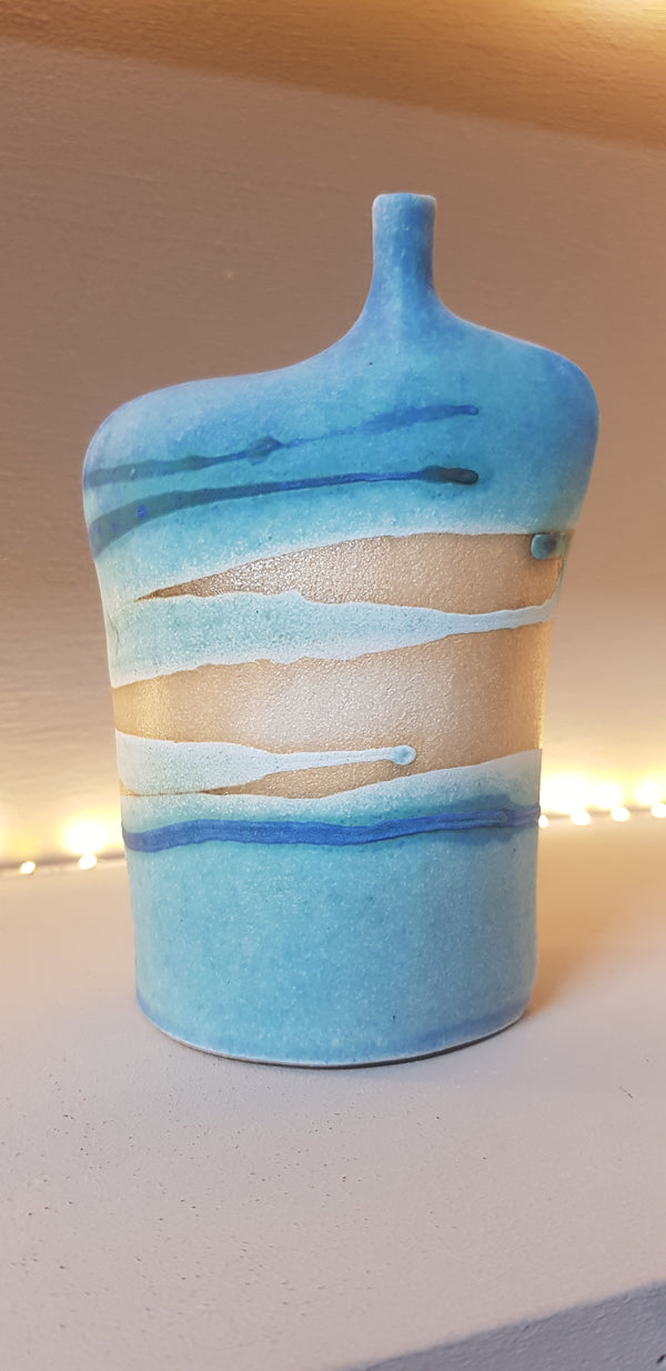 Fine stoneware figurative bottle abstract seascape design turquoise glaze