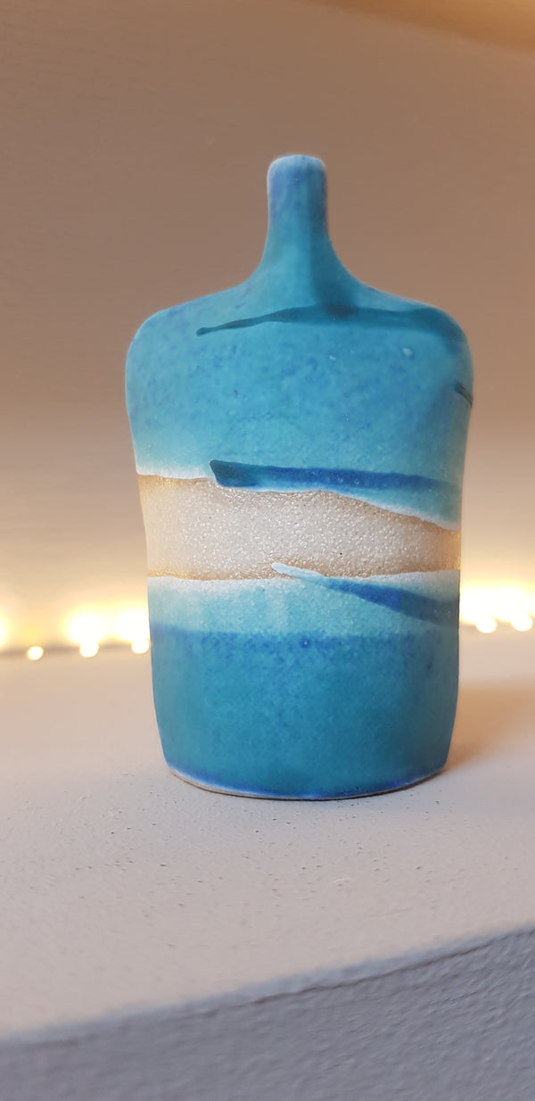 Fine stoneware figurative bottle abstract seascape design turquoise glaze