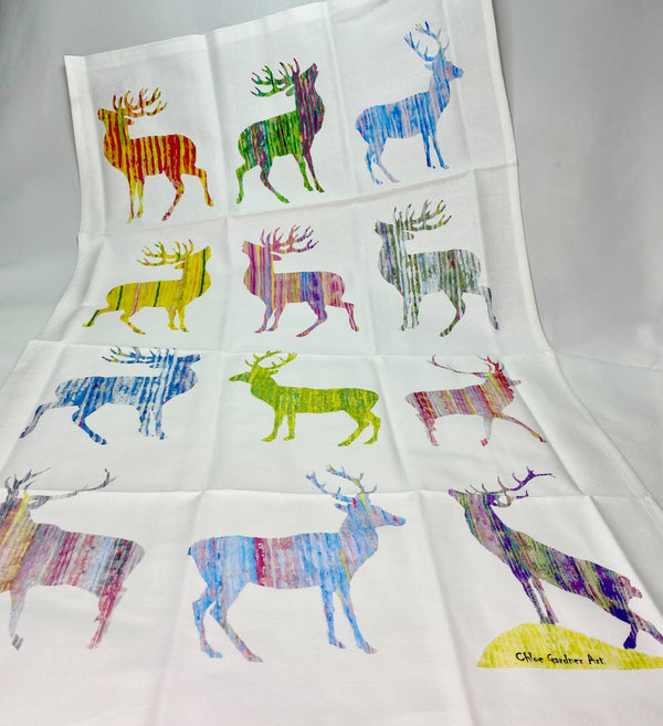 100% cotton tea towel with multicolour stag design