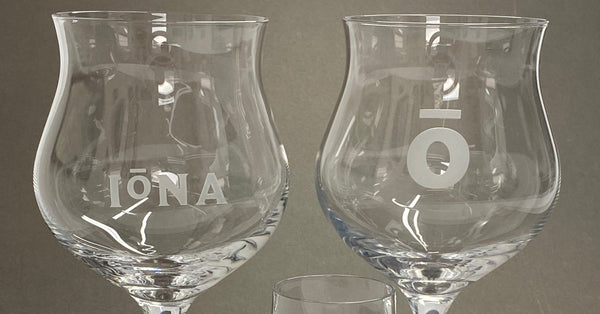 Crystal gin glasses engraved with Iona and the St Columba Iona halo