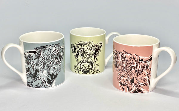 Bone china mugs teal mint green pink with stylised highland cow design