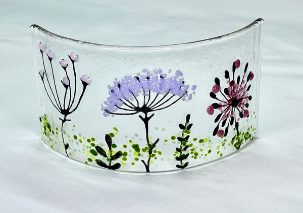 Hand painted fused glass panel with wildflower design frit detailing in pinks and purples