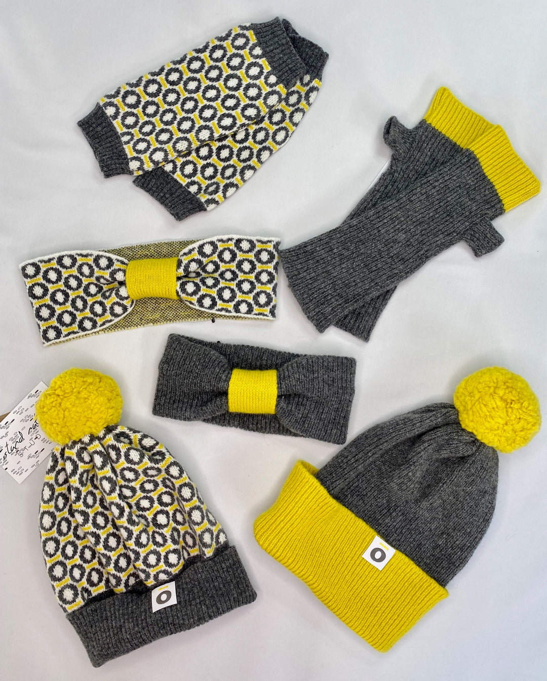 knitted accessories Scottish lambswool hats wrist warmers headbands charcoal yellow with St Columba Iona halo pattern