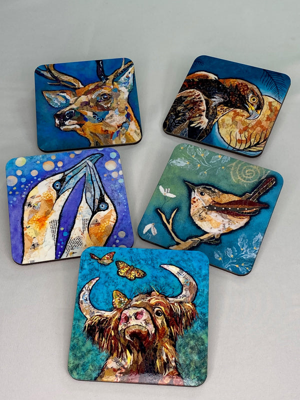 selection of coasters with Scottish wildlife designs