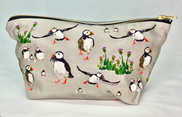 Cotton zipped washbag makeup bag hobby bag with puffin print on grey background