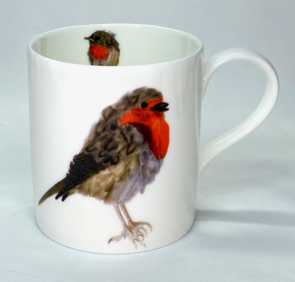 White bone china mug with robin design 