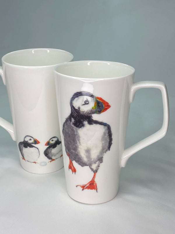 White bone china tall latter mug with puffin design front and back views