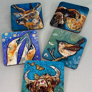 mug coasters in various designs, deer, eagle, gannets, wren, highland cow