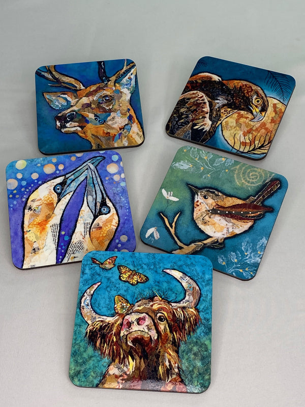 mug coasters in various designs, deer, eagle, gannets, wren, highland cow