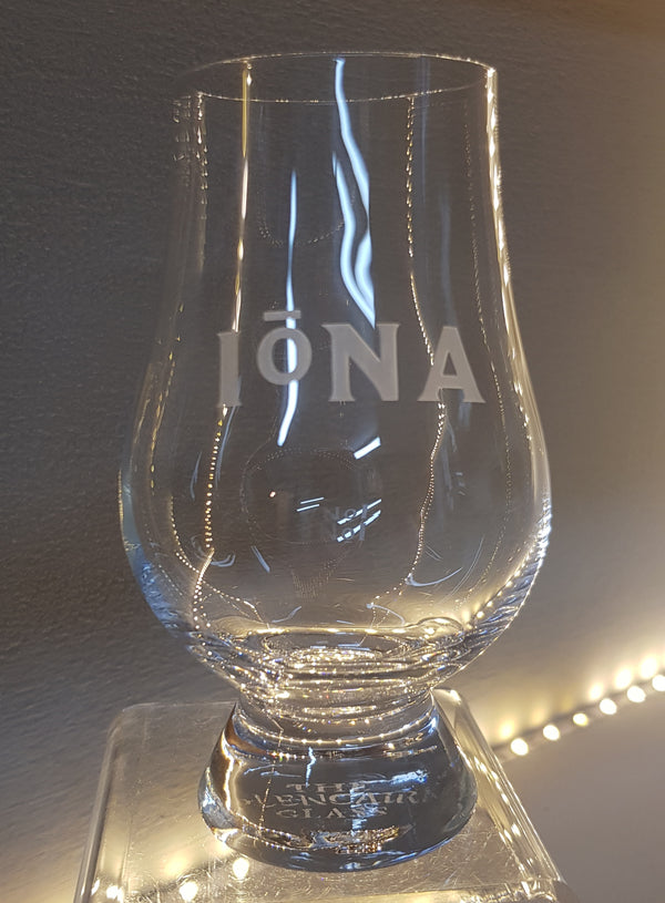 Glencairn crystal whisky glass engraved with the word Iona and the St Columba Iona halo