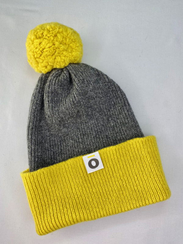 St Columba Iona Scottish lambswool knitted bobble hat ribbed charcoal yellow