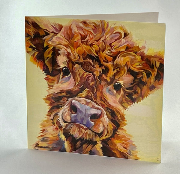 Greetings card with stylised image of a cute baby highland cow calf