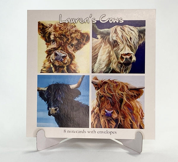 Packet of note cards with four different stylised highland cow designs