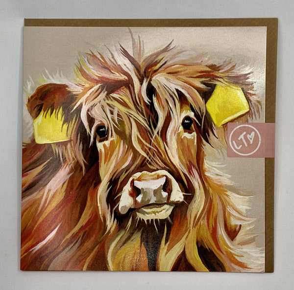 Greetings card with stylised image of a cute highland cow calf 