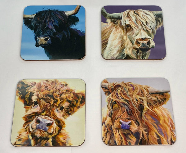 Set of 4 mug coasters with stylised highland cow designs
