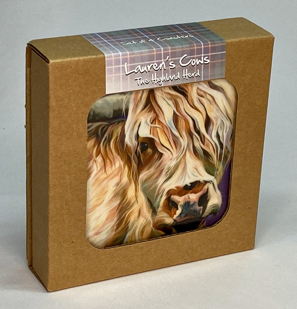 Highland cow design mug coasters box front