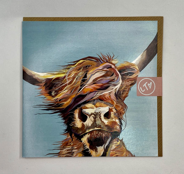 Greetings card with stylised comical image of a windswept highland cow on grey/blue background