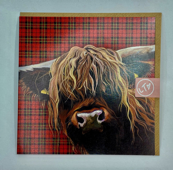 Greetings card with stylised image of a highland cow on red tartan background