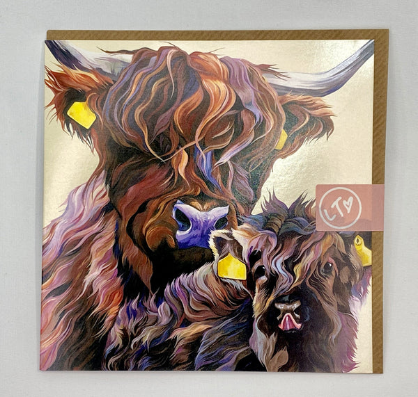 Greetings card with stylised image of highland cow and calf