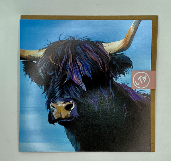 Greetings card with black highland cow stylised image on blue background