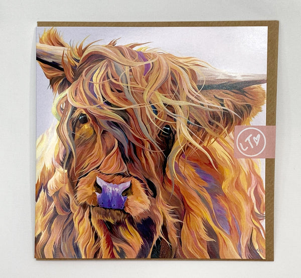 Greetings card with stylised image of a cute highland cow calf on white background