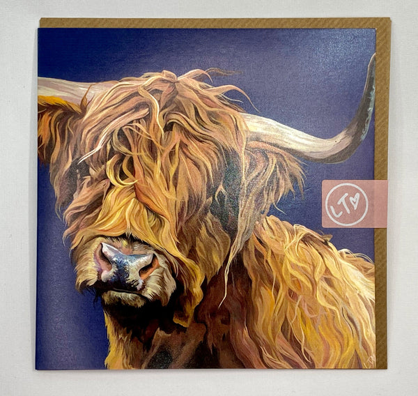 Greetings card with stylised image of a highland cow on blue background