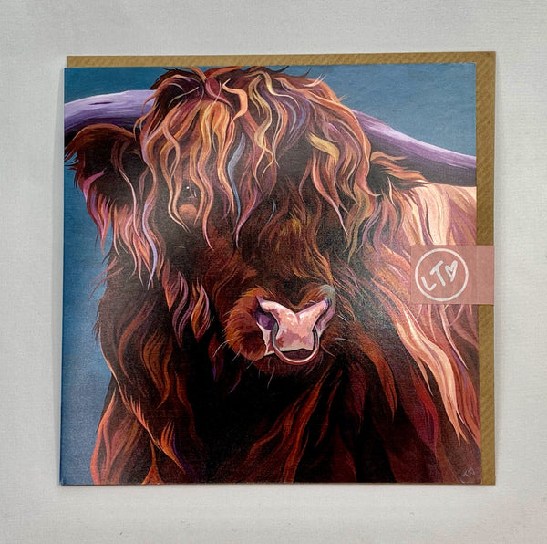 Greetings card with stylised image of a highland cow bull on blue background