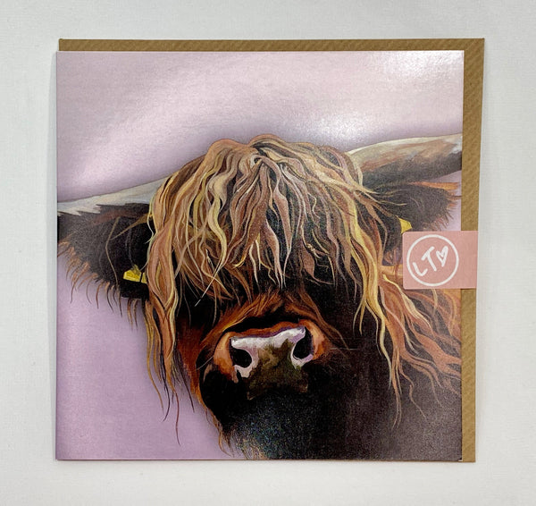 Greetings card with stylised image of a highland cow on white background