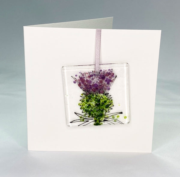 White greetings card with detachable fused glass thistle decoration