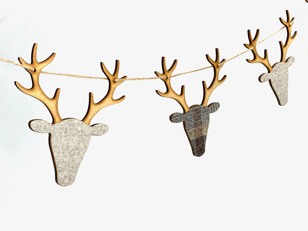 garland bunting stags in wood with tartan and tweed in greys