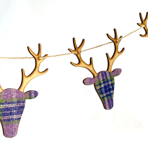 Garland bunting stags in wood with tartan in purples and blues