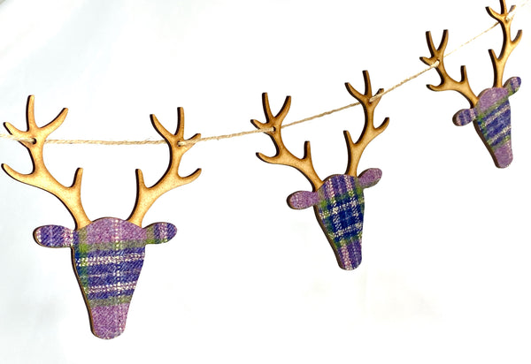 Garland bunting stags in wood with tartan in purples and blues