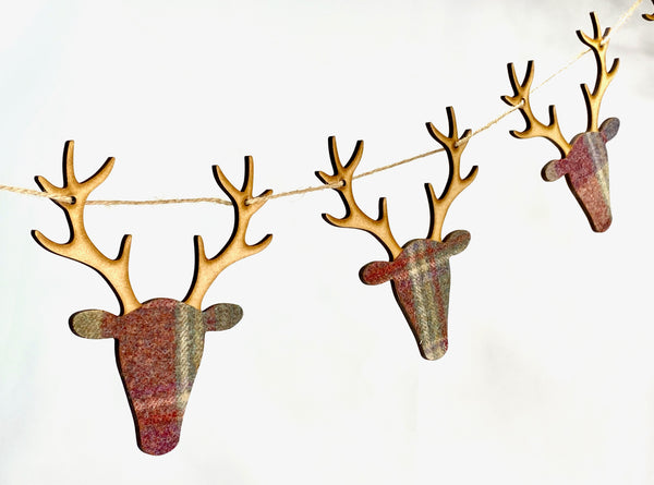 garland bunting stags in wood with tartan in reds and browns