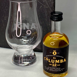 Glencairn whisky nosing glass engraved with the word Iona and miniature bottle of St Columba single malt whisky