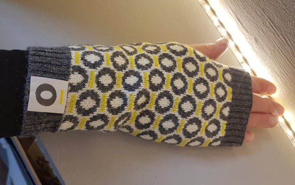 St Columba Iona Scottish lambswool knitted wrist warmers gloves mittens halo motif charcoal yellow