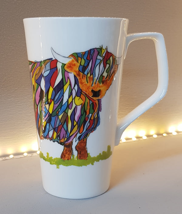 White bone china tall latte mug with bright multicolour highland cow design