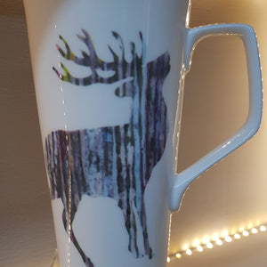 White bone china tall latte mug with silver stag design