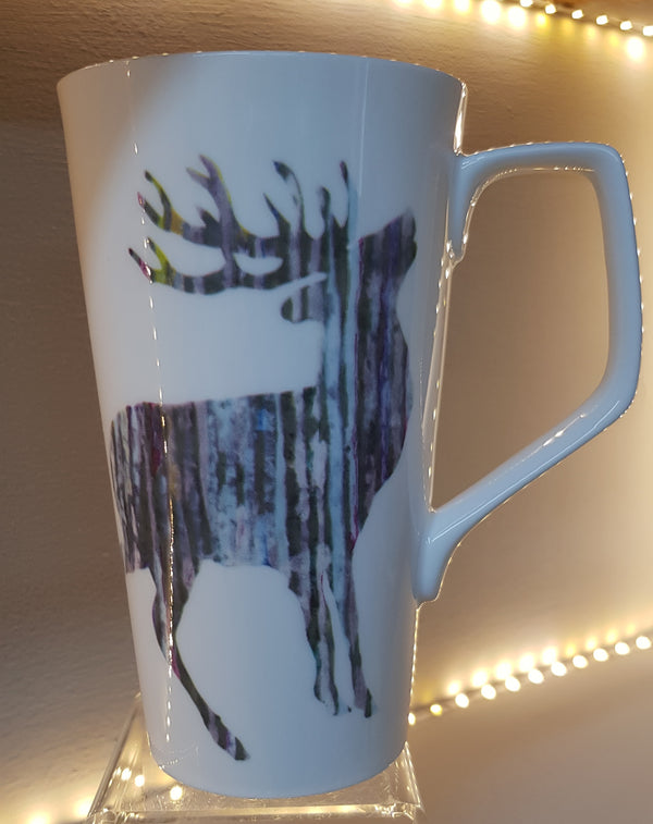 White bone china tall latte mug with silver stag design