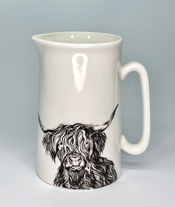 White bone china 1 pint jug with stylised highland cow image