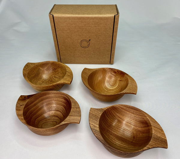 Hand crafted Scottish wood quaichs in oak, elm and wych elm