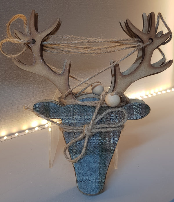 Garland bunting stags in wood with tartan in duck egg blue