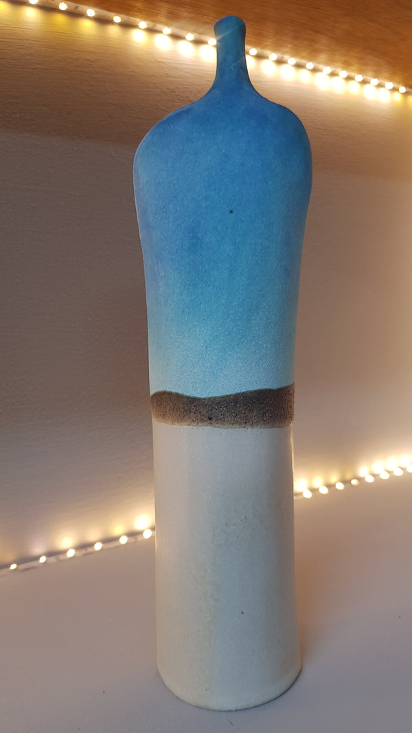 Fine stoneware figurative bottle tall slender abstract landscape design turquoise and brown glaze