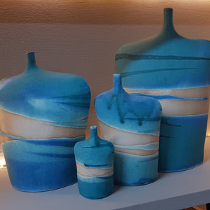 Fine stoneware figurative bottles 4 sizes abstract seascape design turquoise glaze