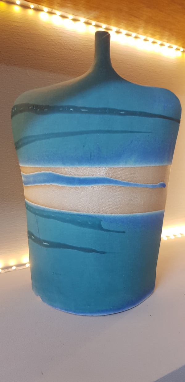 Fine stoneware figurative bottle abstract seascape design turquoise glaze